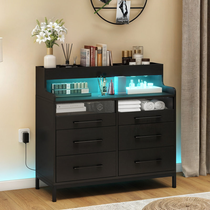 Brazoban Wood Acrylic Accent Cabinet with 6-Drawers and Colorful LED Light, Black