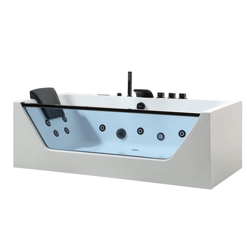 71 In. Whirlpool Bathtub Rectangular Hydrotherapy Jetted Spa Bath Tub With Center Drain - Black Tub Filler In White