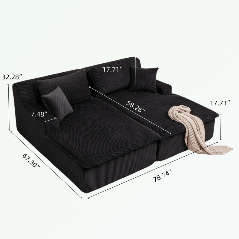 Canapé-lit rembourré avec coussin et coussins moelleux, Velours côtelé noir
