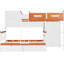 Lit superposé simple au-dessus d'un lit double, blanc et orange, nombreuses solutions de rangement, convient aux invités + lit double en bois orange, tiroirs de garde-robe intégrés, maximisant l'espace de la chambre à coucher