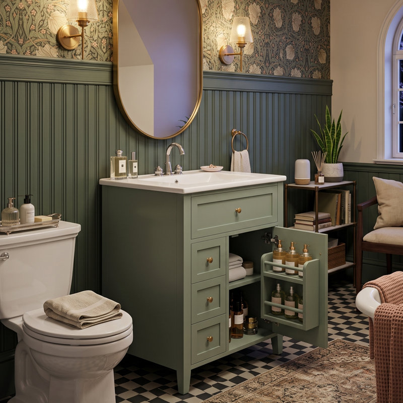 Meuble-lavabo autoportant de 24 po avec lavabo en céramique, 1 tiroir basculant, 3 tiroirs et armoire avec tablettes réglables