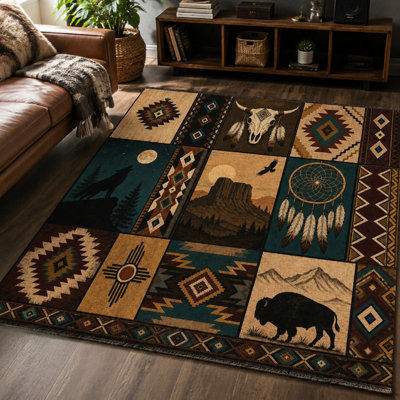 1Pcs Native American Style Tribal Pattern Rug - Rustic Woodland Animal & Dreamcatcher Design Washable, Easy-to-Clean, Large Thin Floor Mat with Non-Slip Backing for Living Room, Bedroom, Kitchen, and Office Indoor Use for home detor