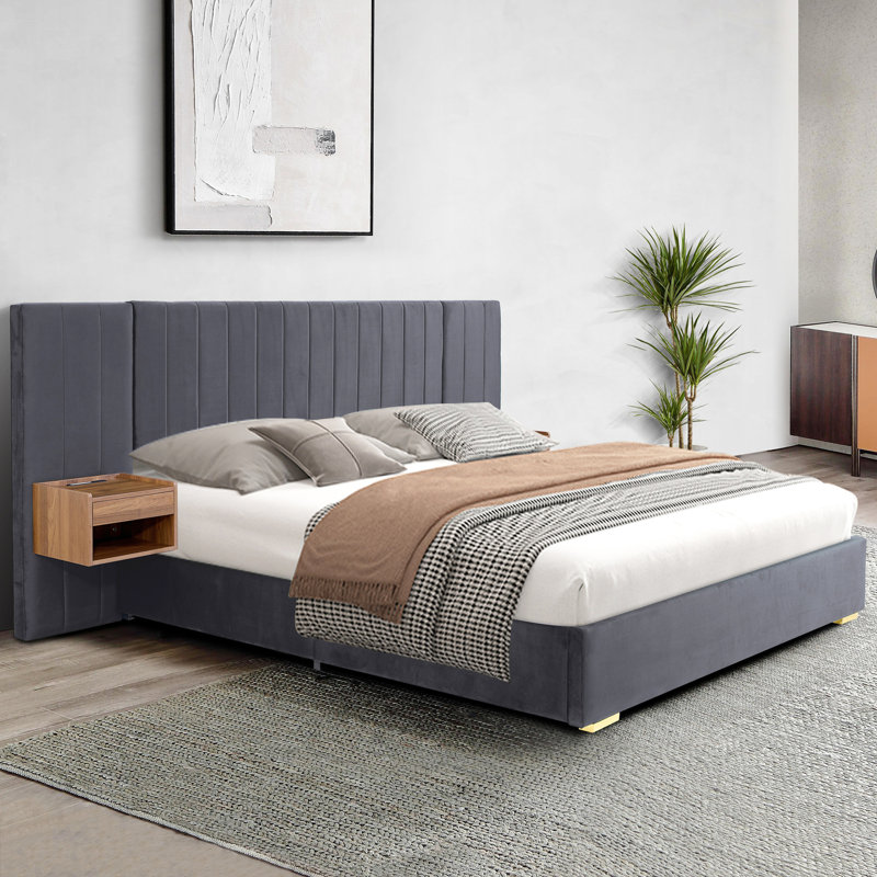Structure de lit tapissier très grand avec tête de lit capitonnée en velours et table de chevet flottante à DEL / USB intégrée, gris