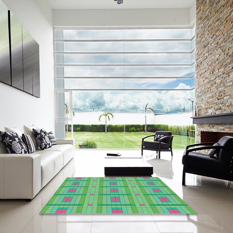 Tapis vert/rose à motifs Benesh, Carré 4 pi