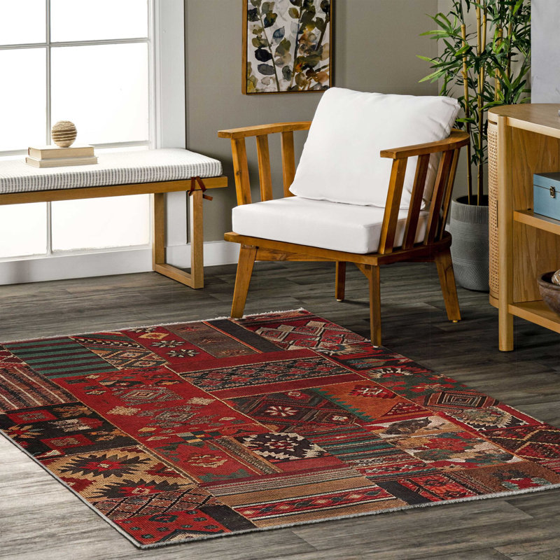 Vintage Look Eilette Red Moroccan Cotton Chenille Area Rug, Rectangle 2'8" x 5'