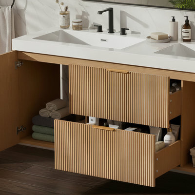 59.3" Double Sink Bathroom Vanity with SMC Resin Top, MDF Cabinet, Wall Mounted
