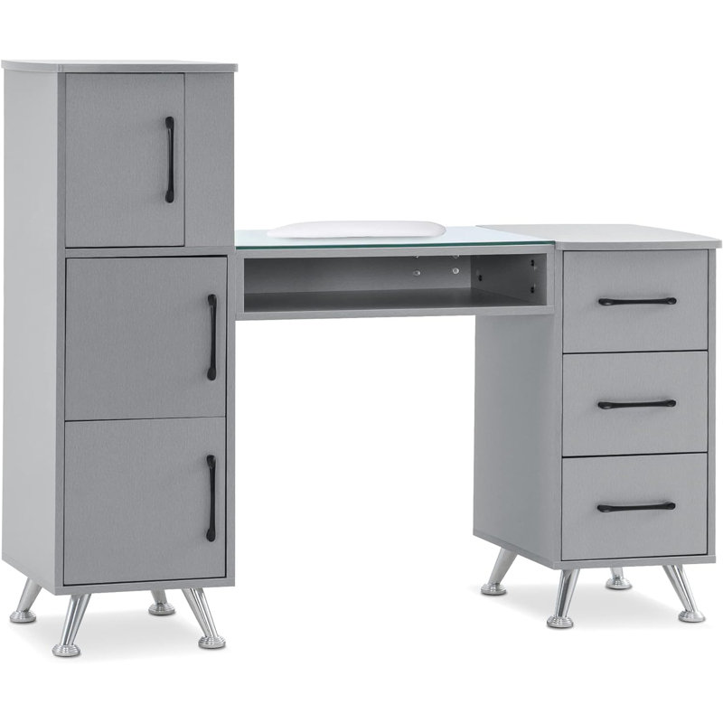 Classic Manicure Table with Glass Top, Nail Desk with Drawers, Vanity Makeup Desk, Silver