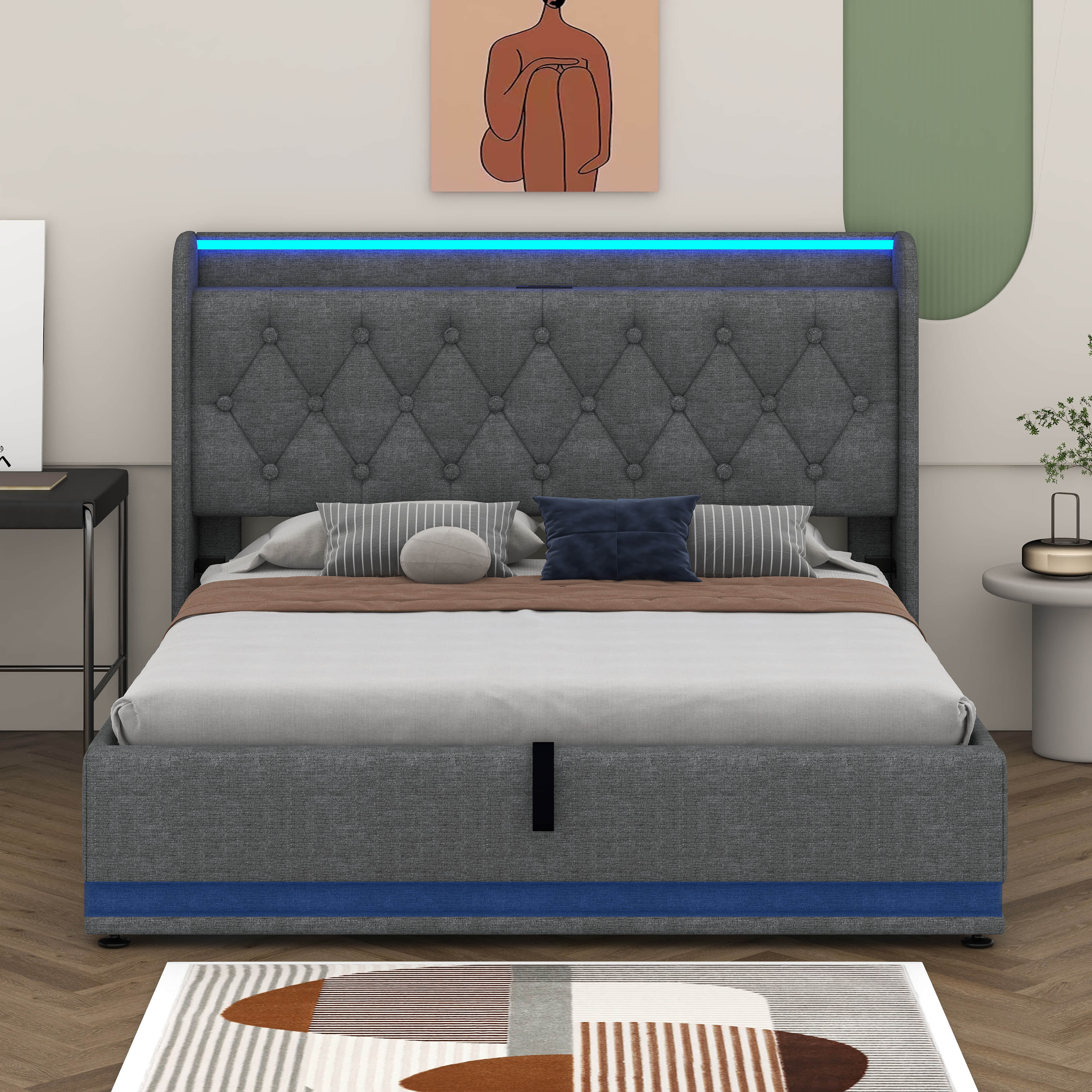 Ivy Bronx Upholstered Bed, 360 Surround LED Function, Buttons/Apps ...