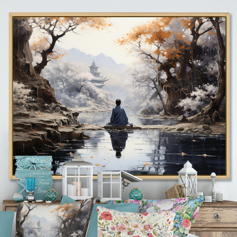«Gray Buddhism Enlightened Path II», reproduction d'art sur toile, H 34 po x l 44 po x P 1,5 po, Cadre flottant érable