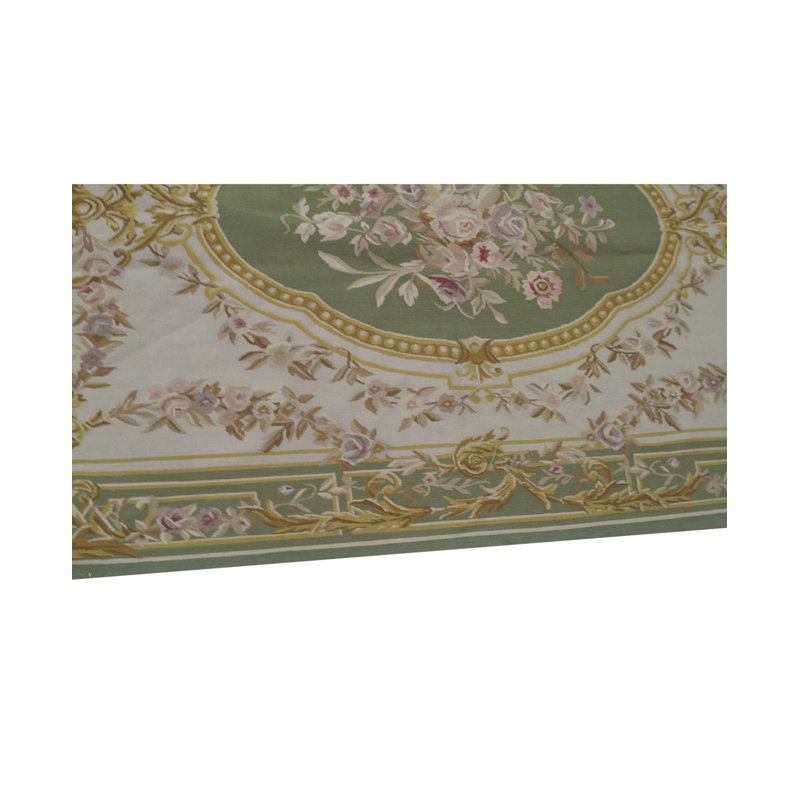 Tapis ivoire, doré et vert noué à la main de haute qualité