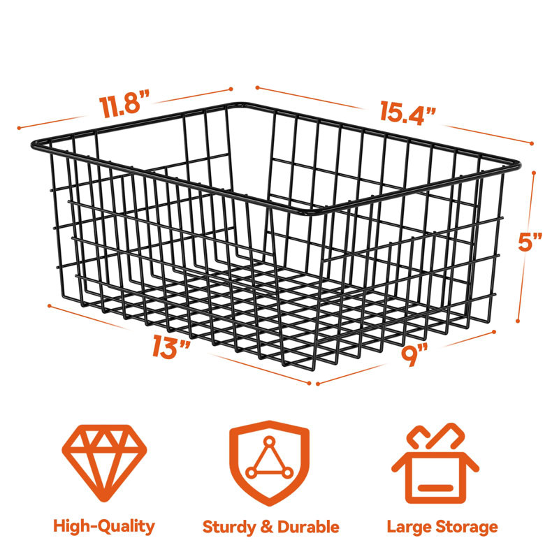 Wire Basket for Organizing and Storage, Sturdy Steel Metal Basket Bin with Handle, Black