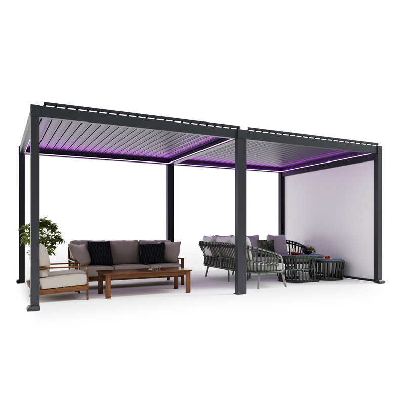 Pergola motorisée en aluminium à persiennes avec lumière DEL, écran électrique et capteur de pluie solaire, 10 pi x 20 pi