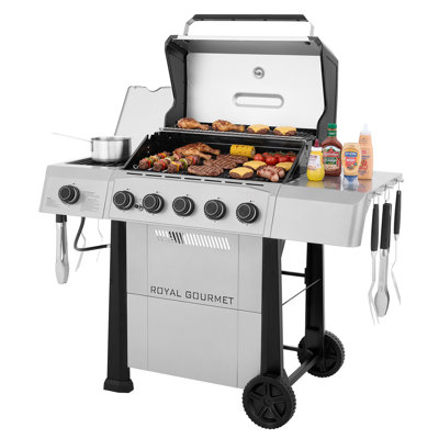 Royal Gourmet 5-Burner Gas Grill with Side Burner, Silver & Black