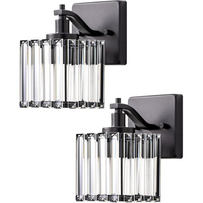 Modern Bathroom Vanity Light Fixtures, Set Of 2 Black Wall Sconces With Crystal Shades For Mirror Lighting, Indoor Hardwired Lamp For Bedroom