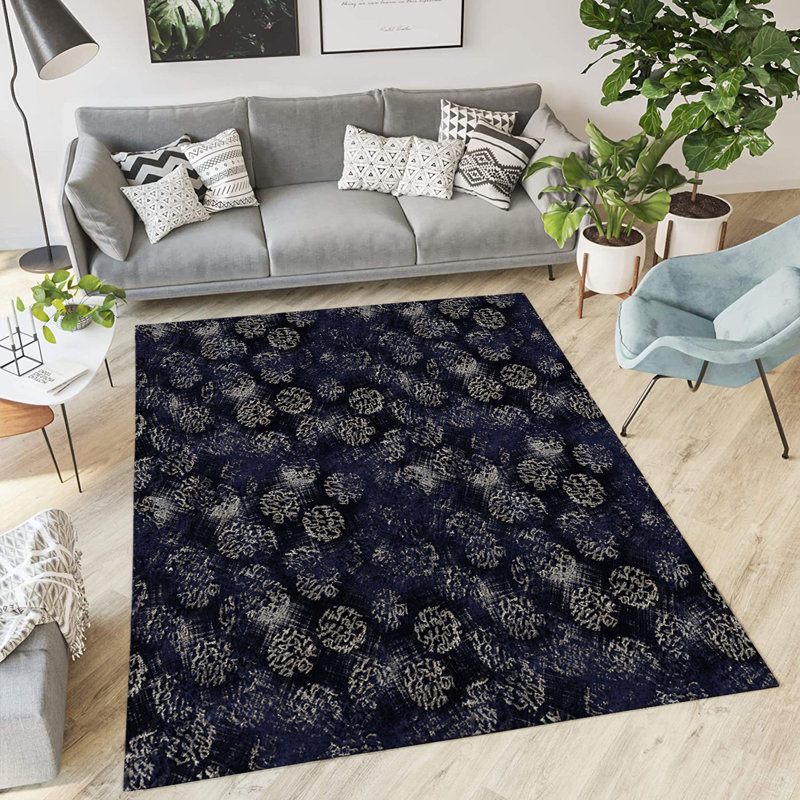 Tapis intérieur / extérieur en polyester tissé à la machine rectangulaire bleu / noir / gris, Rectangle 3 pi x 5 pi