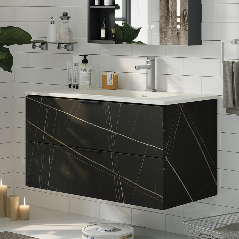 Ensemble de meuble-lavabo simple mural 39,4 po avec lavabo intégré en céramique blanche, tiroirs de rangement à fermeture en douceur