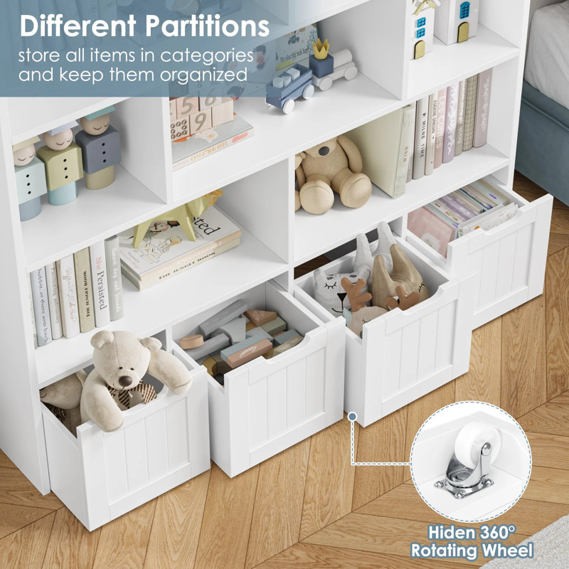 Kirklyn 6-Tier Bookshelf and Toy Organizer, White, (5 Shelves) 57.5"H x 49.4"W x 13"D