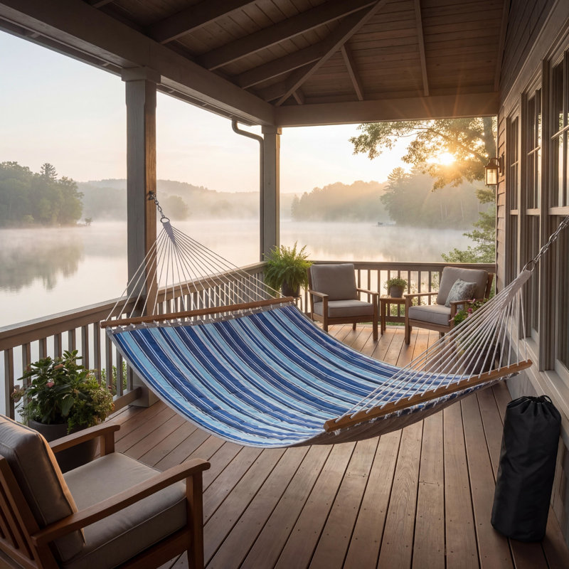 3.5m 2 Person Double Outdoor Hammock, Dark Grey Large Swing Bed with Curved Wooden Spreader Bar, Detachable Pillow & Hanging Chains, 204kg Weight Capacity
