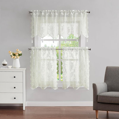 3 Piece Lace Kitchen Curtains And Valances Set, Includes 2 30" X 36" Kitchen Tiers & 54" X 22” Lace Valance With 6 Tassels