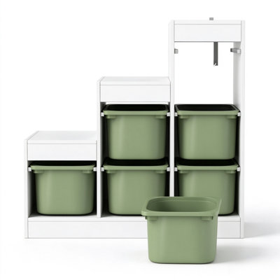 Armoire de rangement à 3 niveaux avec 6 bacs en plastique amovibles, organisateur de rangement ouvert autoportant pour salle de jeux, chambre à coucher et salon, cadre blanc avec bacs verts