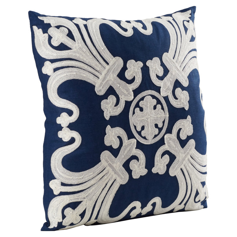 Olive and White Embroidered Cotton Square Throw Pillows, Set of 2