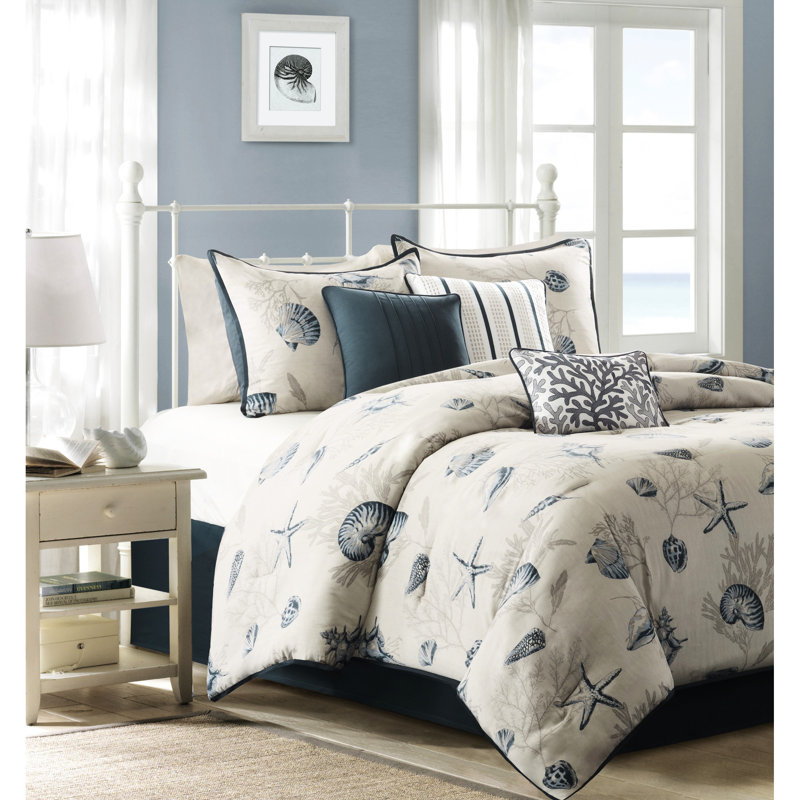 Couette bleue King - Coton avec accents assortis et envers foncé, ensemble de literie 7 pièces à thème réversible