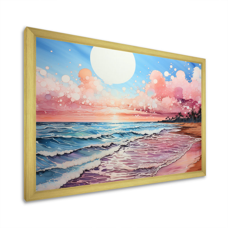 Paysage de plage pêche - impression, Encadrement doré, H 24 po x l 32 po x P 1 po