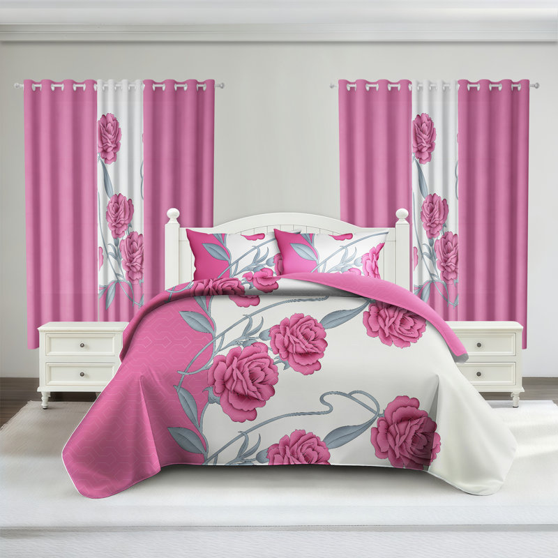 Queen Size Comforter Set 9 Pieces, All Season Luxury Bed in a Bag for Bedroom, With Matching Curtains, Soft Microfiber, Pink Rose