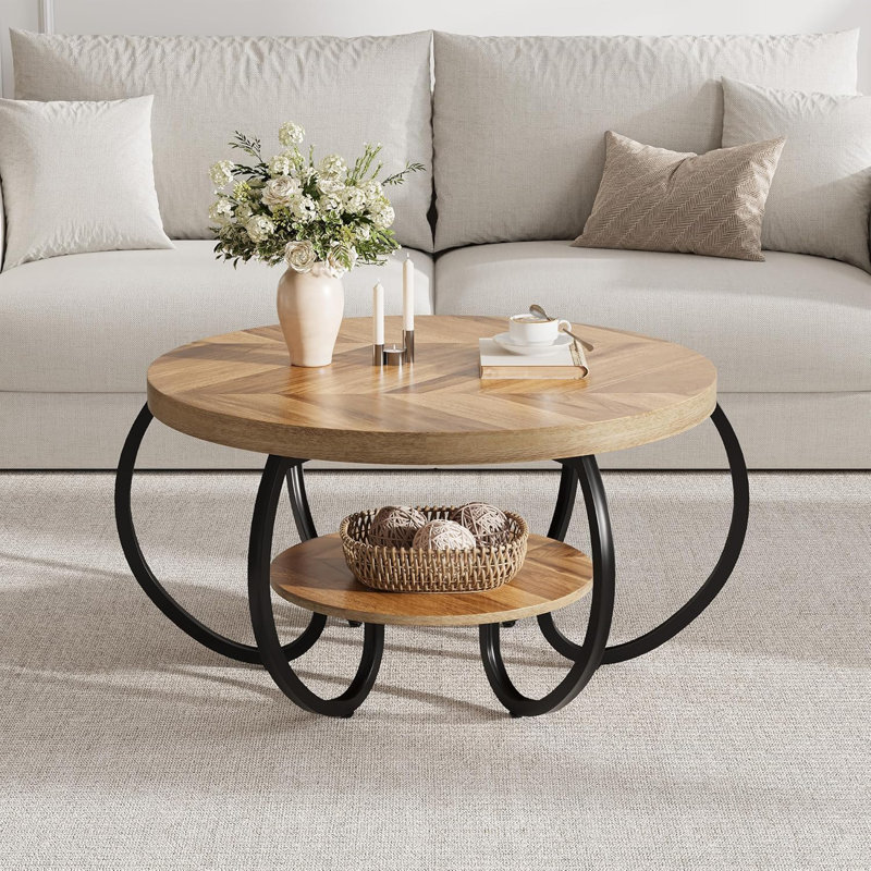 Table basse ronde 30 po, bureau en bois à 2 niveaux avec tablette de rangement et pieds réglables, Chêne clair