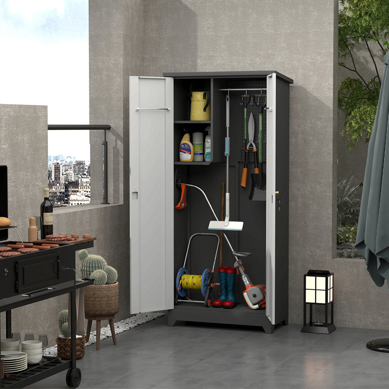 Metal Outdoor Cabinet,Large Capacity, Secure Lock For Anti-Theft, Waterproof And Moisture-Proof, With Shelves, Cleaning Tool Storage Cabinet, Vertical Tall Garden Cabinet