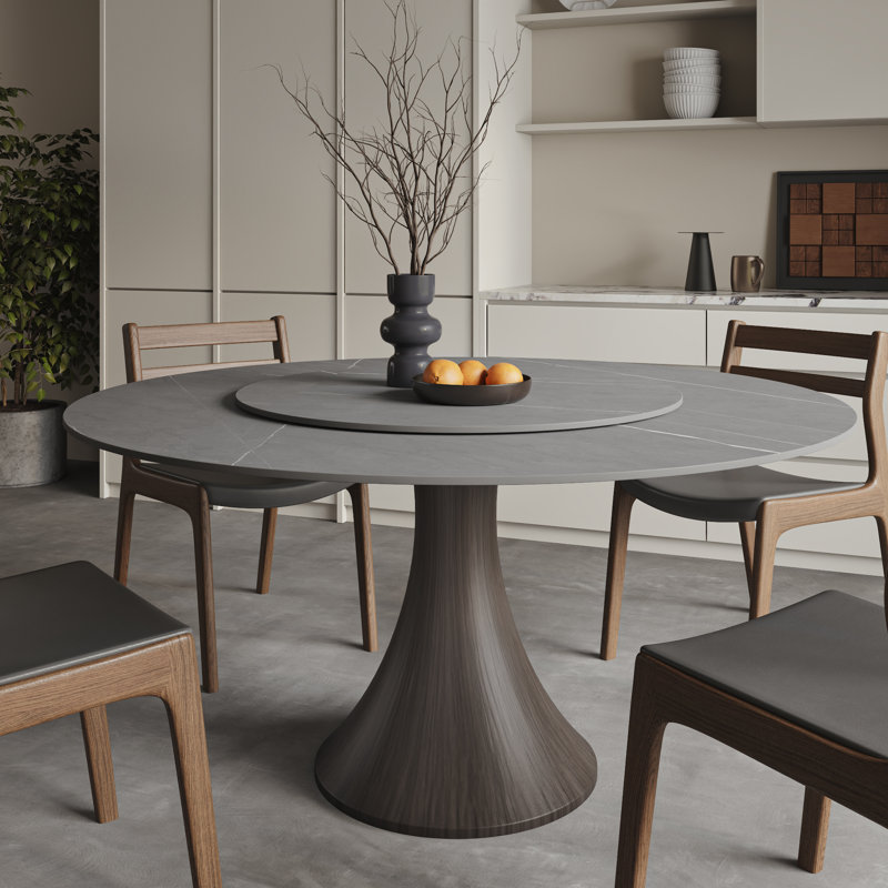 Farmhouse Glossy Sintered Stone Round Dining Table With Removable Lazy Susan Solid Wood Pedestal Base, Gray