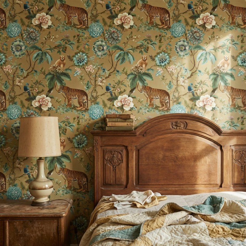 Papier peint floral, décoration murale exotique tigre, Peler et coller