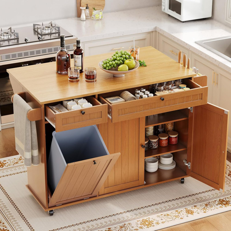 Rolling Kitchen Island Carts with Storage, 55" Wide Island Table on Wheels with Spice Rack, Towel Rack, Knife Holder and Trash Can Storage, Portable Mobile Island Table for Kitchen
