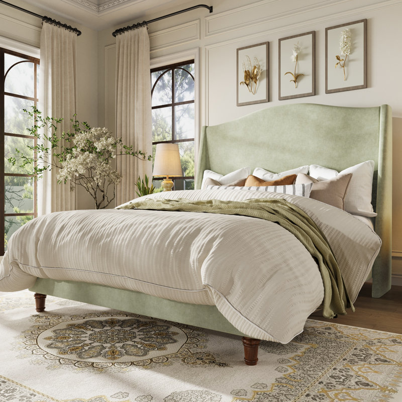 Lit plateforme tapissier, tête de lit haute et pieds en bois massif, aucun sommier requis, Sage Green, Grand lit