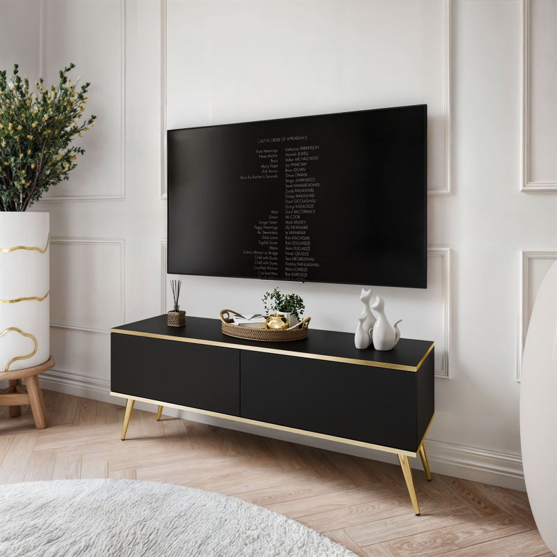 OXFORD III TV Stand with Golden Legs, Black, 53cm H x 135cm L x 32cm W