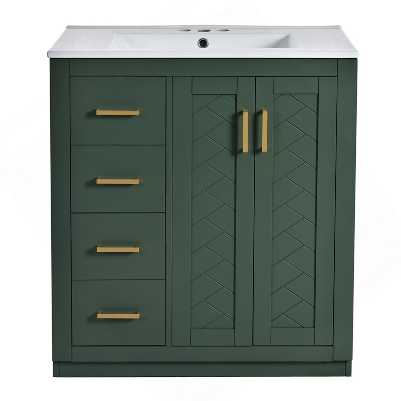 Ensemble de meuble-lavabo 30 po avec lavabo en céramique, meuble de rangement à cadre en bois, ensemble de meuble-lavabo autoportant avec 3 tiroirs et portes à fermeture douce