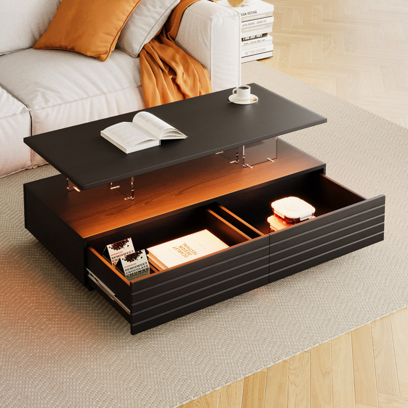 Rectangular LED Lights Coffee Table With 2 Drawers In 47.2", Wood, Black