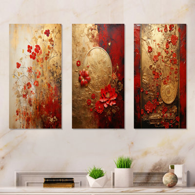 God And Red Floral Japanese Tiles I - Abstract Botanicals Canvas Wall Art Set Of 3