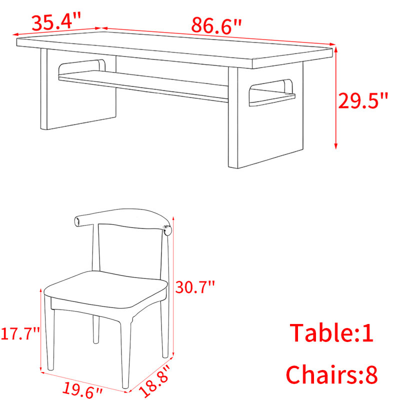 Ensemble de table à manger moderne simple en bois massif noir, H 29,5 po x L 86,6 po x l 35,4 po