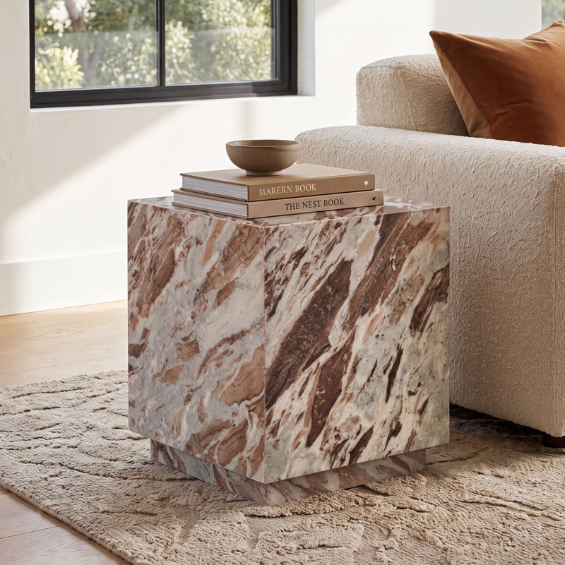 Hatten Matteo Solid Marble Square Side Table, Light Brown/White