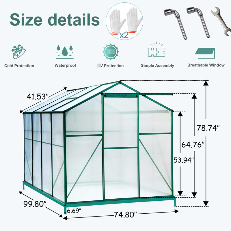 Serre en polycarbonate 6 pi x 8 pi, cadre en aluminium, serre ajustable 6 pi x 8 pi, base galvanisée, assemblage facile
