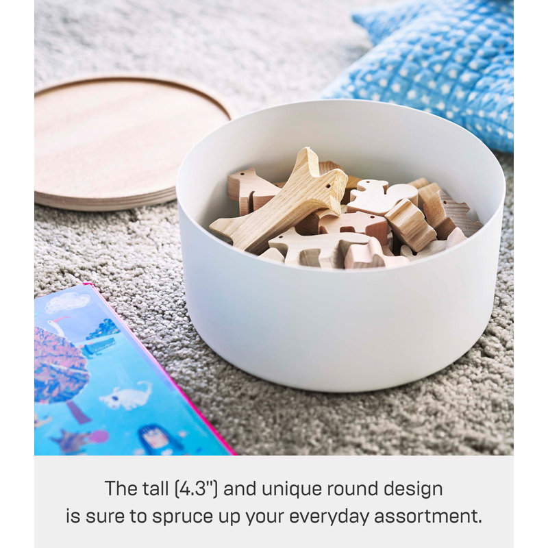 White Round Steel Storage Bin with Wooden Lid