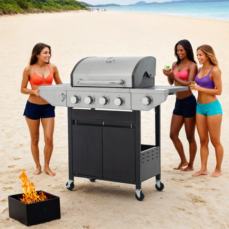 Barbecue au propane en acier inoxydable, barbecue au gaz à 4 brûleurs avec brûleur latéral, 46 500 BTU