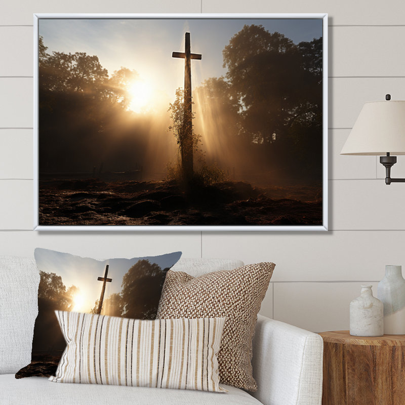 Croix religieuse, H 16 po x l 32 po x P 1 po, Cadre flottant blanc