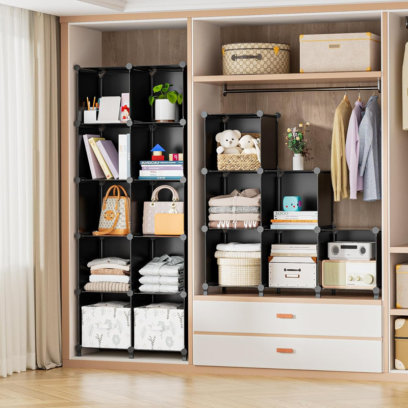 16 casiers de rangement, organisateur de rangement pour vêtements de garde-robe, organisateurs de garde-robe à tablettes cubiques et tablettes de rangement pour vêtements avec marteau, bibliothèque pour enfants (noir)