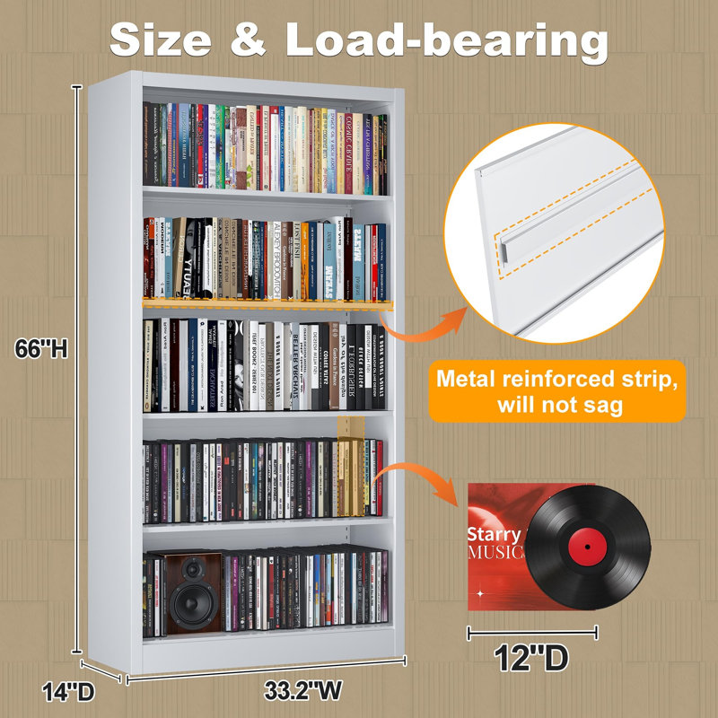 5-Shelf Bookcase with Adjustable Shelves, 14" Deep, 66" Tall Metal Bookshelf for Home Office Library
