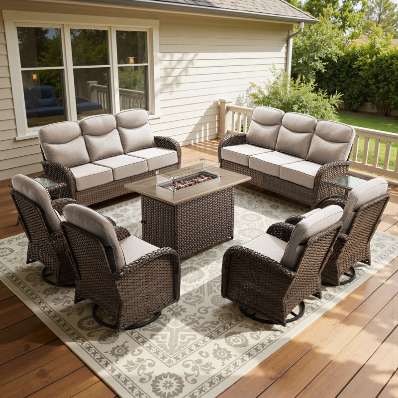 9-Piece Outdoor Wicker Garden Large Family Sofa Conversation Set With Swivel Chairs And Fire Pit Table, Beige