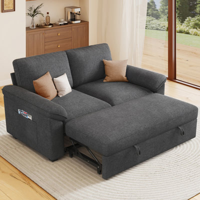 Belrose 58" Linen Upholstered Sleeper Loveseat with Pull-Out Bed and Adjustable Backrest for Small Spaces, Gray