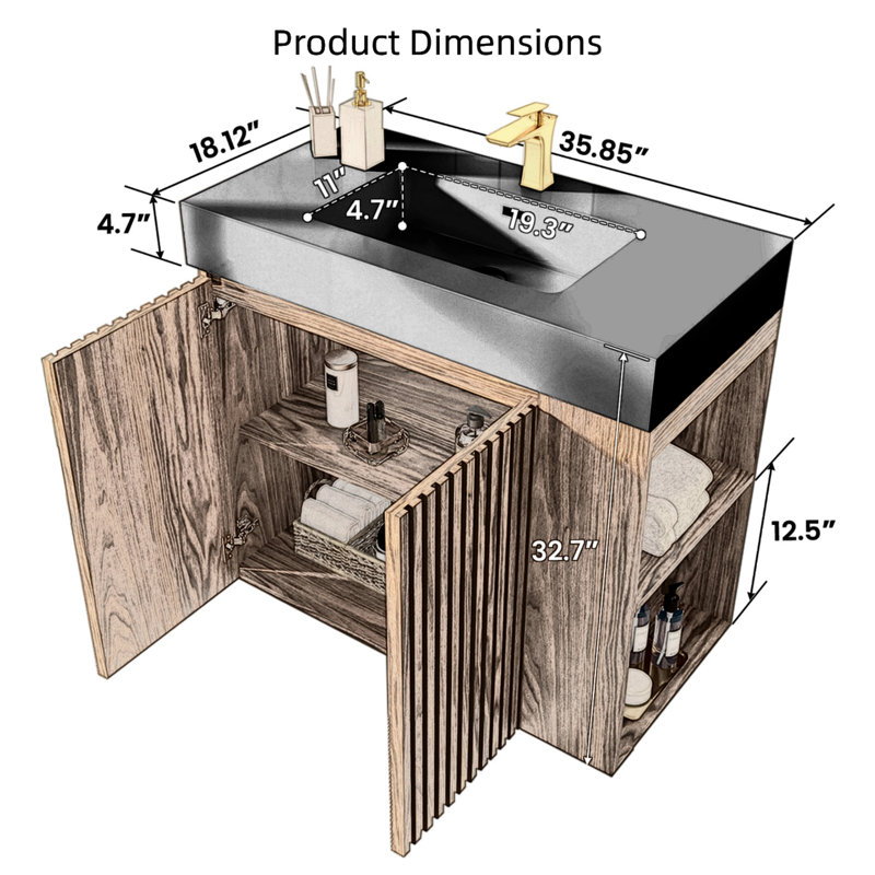 Meuble-lavabo 36 po avec lavabo à quartz noir, portes cannelées, fermeture en douceur