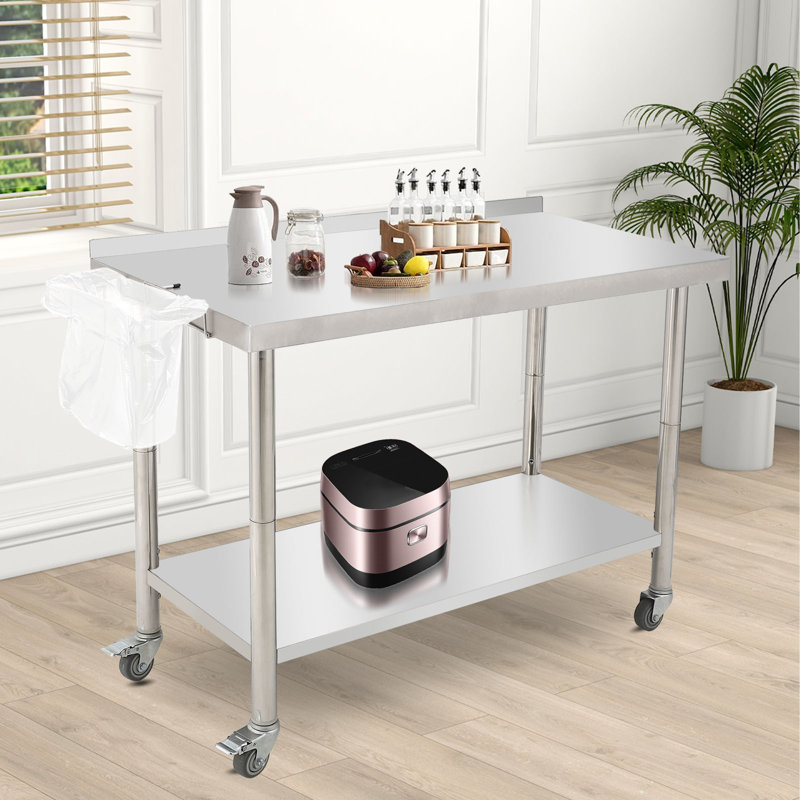 Table de préparation en acier inoxydable de 48 po x 24 po avec roues verrouillables, table de travail de cuisine commerciale robuste avec tablette réglable, support à ordures et garde-éclaboussures, îlot de cuisine pour restaurant, boulangerie, maison